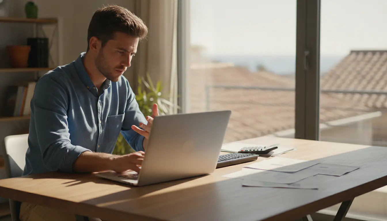 Auto-entrepreneur consultant sa déclaration fiscale sur un ordinateur portable dans un bureau lumineux