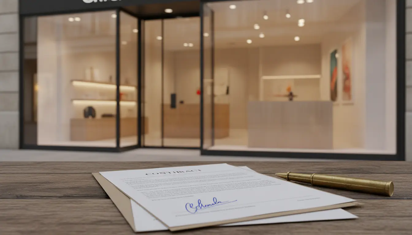 Locaux commerciaux en bail commercial, façade de boutique et contrat signé