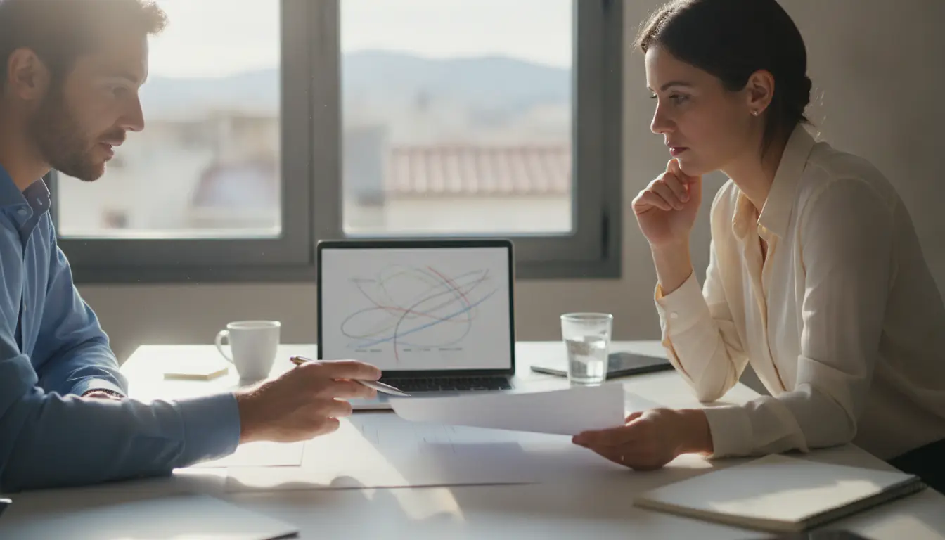 Expert-comptable et chef d'entreprise examinant des rapports financiers sur un bureau lumineux