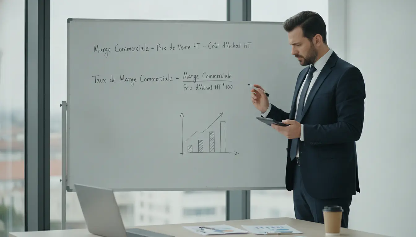 Chef d'entreprise calculant son taux de marge commerciale sur tableau blanc avec formules financières