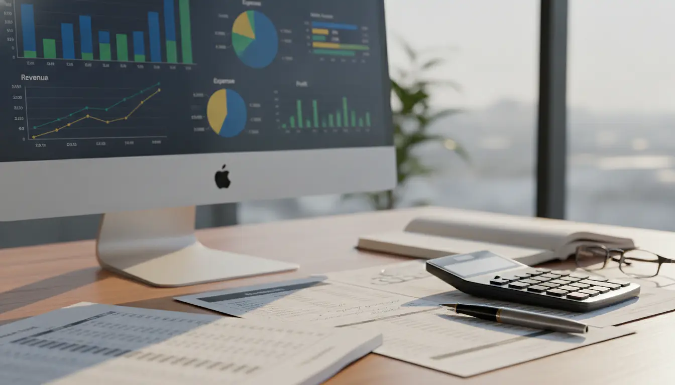 Tableau de bord financier avec documents comptables, calculatrice et graphiques sur bureau professionnel