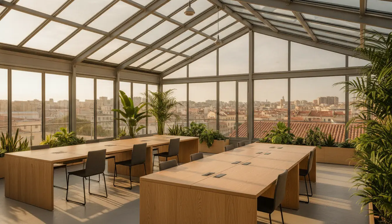 Espace de coworking lumineux avec postes de travail partagés et vue sur le Vieux-Port à Marseille