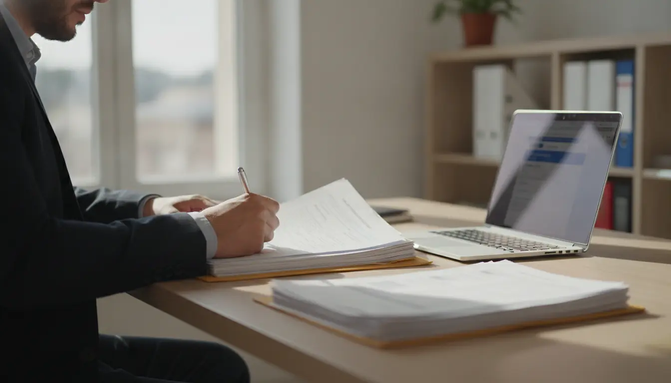 Entrepreneur préparant son dossier de demande ACRE avec formulaires et pièces justificatives sur un bureau