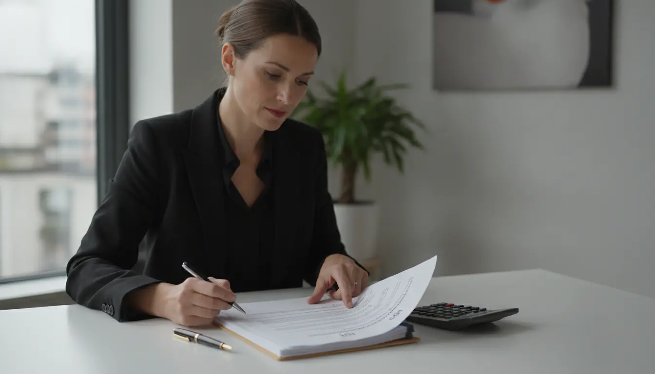 Entrepreneur assis à un bureau professionnel, contrat de travail CDI et documents RH devant lui, stylo en main