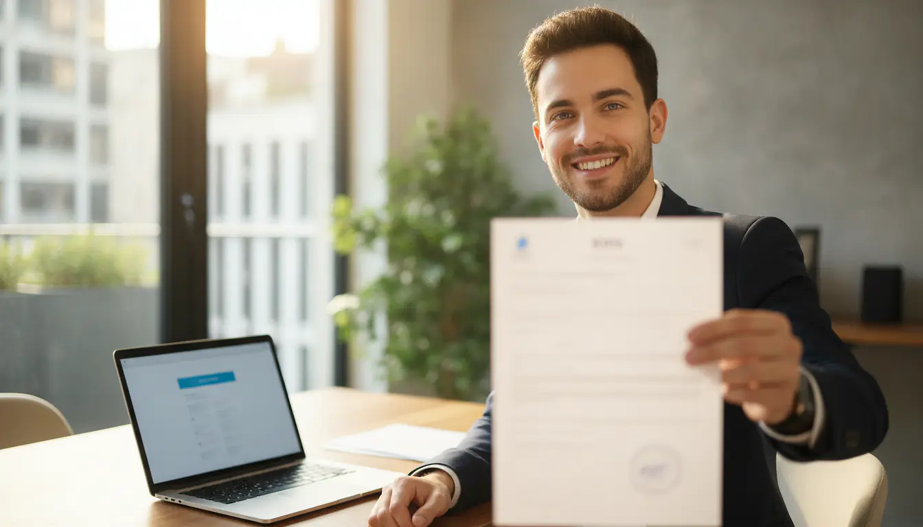 Entrepreneur consultant son extrait Kbis dans un bureau lumineux