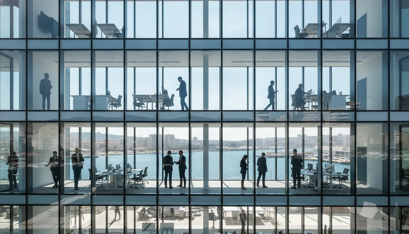 Façade d'immeuble de bureaux moderne à Marseille avec vue sur le port et ciel bleu