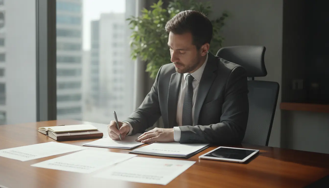 Entrepreneur rédigeant les statuts d'entreprise, documents juridiques sur un bureau professionnel