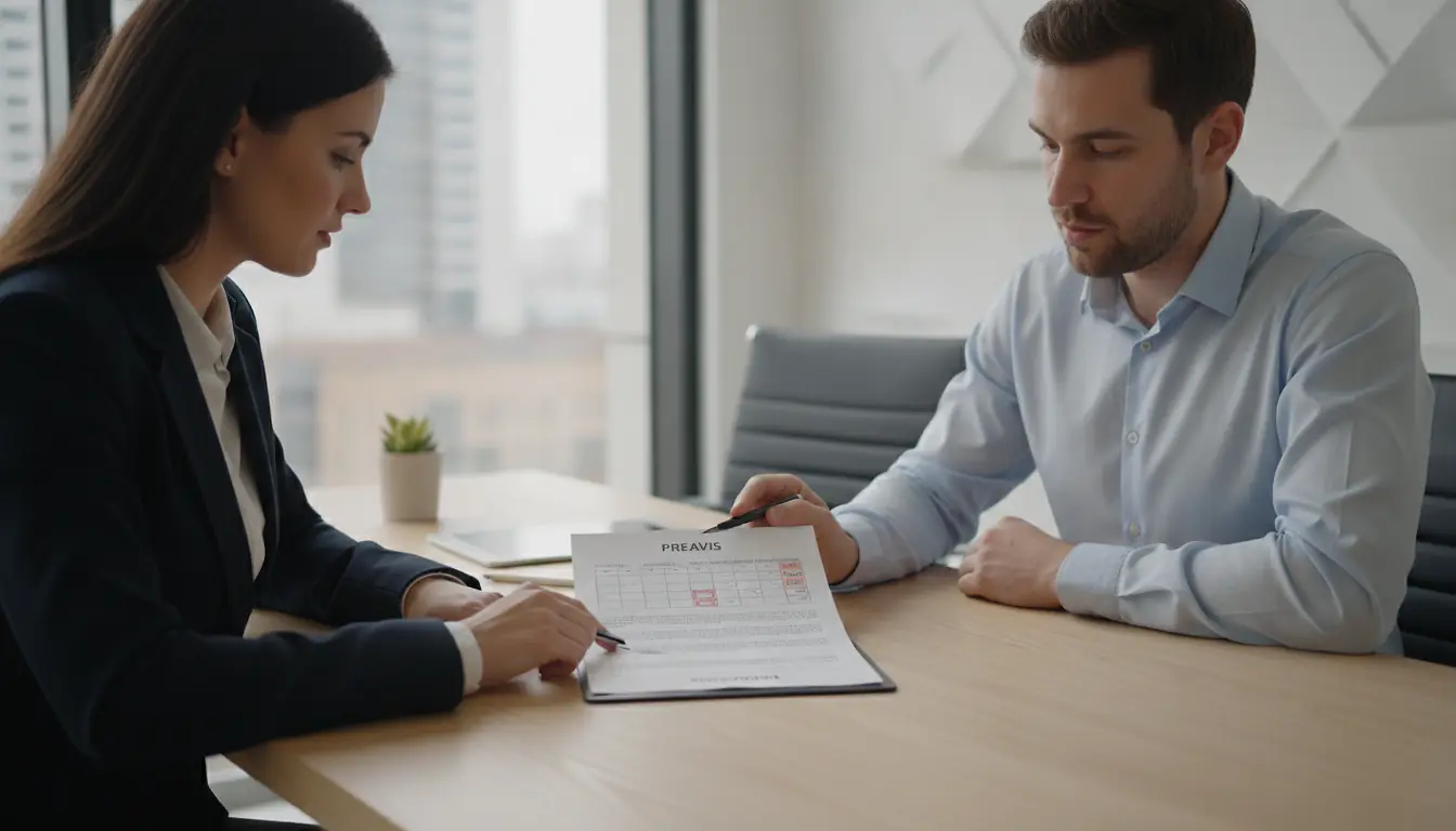 Responsable RH et salarié examinant les documents de rupture de contrat et le calcul du préavis en entreprise