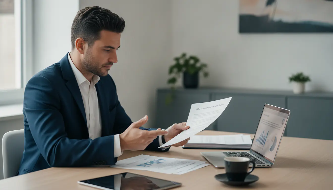 Entrepreneur consultant ses statuts de SASU sur un bureau moderne avec documents juridiques