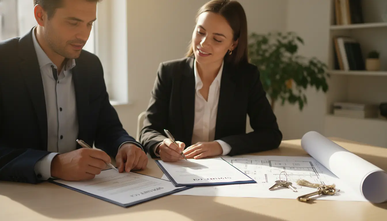 Associés signant des statuts de SCI autour d'un bureau avec plan immobilier et clés