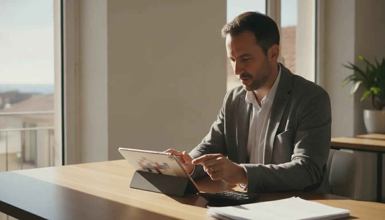 Entrepreneur consultant son chiffre d'affaires sur une tablette dans un bureau lumineux