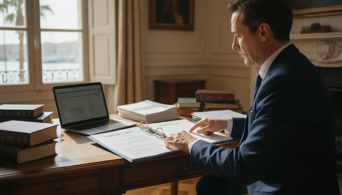 Dirigeant comparant les statuts SAS et SA sur des documents juridiques dans un bureau marseillais