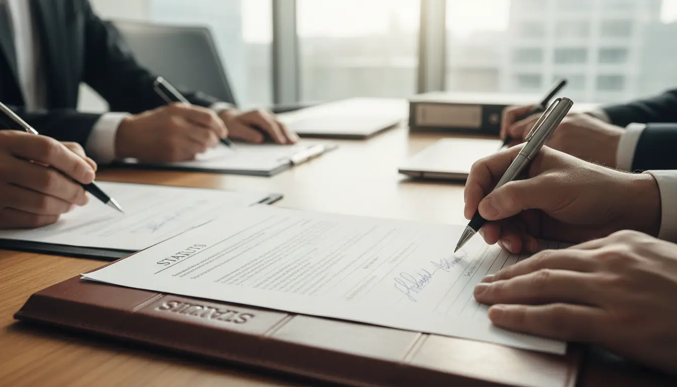Associés signant les statuts d'une SARL autour d'une table de réunion dans un bureau marseillais