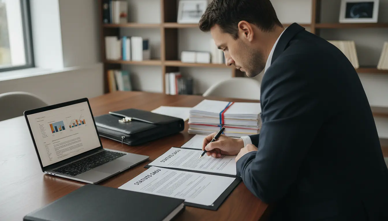 Dirigeant unique analysant les statuts de sa SASU sur un bureau avec documents juridiques et ordinateur