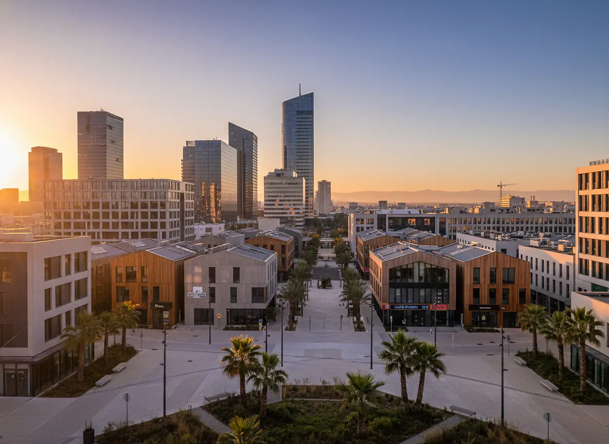 Quartier d'affaires moderne avec immeubles de bureaux au coucher du soleil